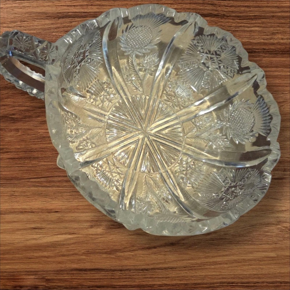 Antique‎ EAPG Thistle Pattern Glass Handled Nappy Bowl Hobstar C1900